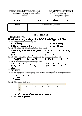 Đề kiểm tra 1 tiết học kì I môn Tin học Lớp 7 (Quyển 2) - Đề số 3 - Trường THCS Quang Châu